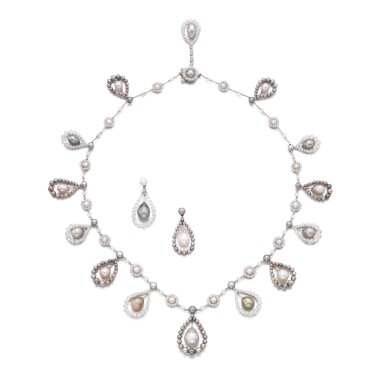 View full screen - View 1 of Lot 269. Natural pearl and diamond demi-parure | 天然珍珠配鑽石首飾套裝.