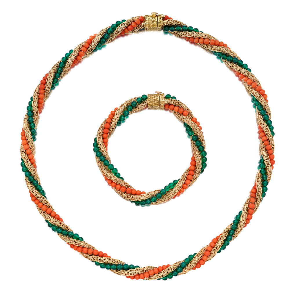 View full screen - View 1 of Lot 199. Gold, Coral and Chalcedony Necklace and Bracelet.