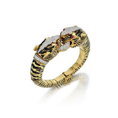 View full screen - View 1 of Lot 63. Gold, Enamel, Ruby and Diamond Bracelet.