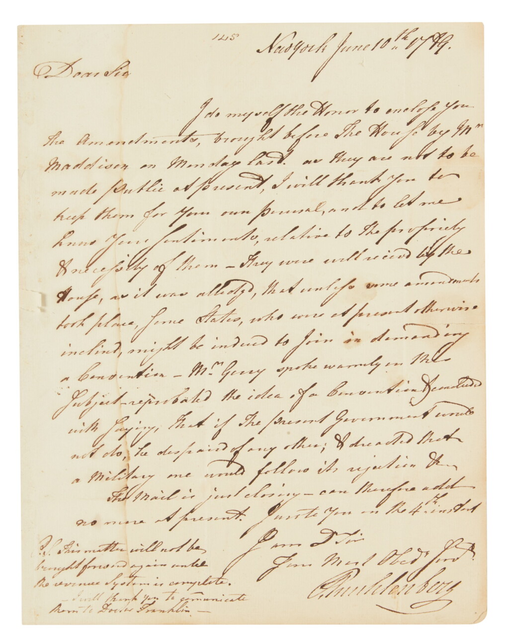View full screen - View 1 of Lot 1121. (Bill of Rights) Peter Muhlenberg | "the Amendments, brought before the House by Mr. Maddison".