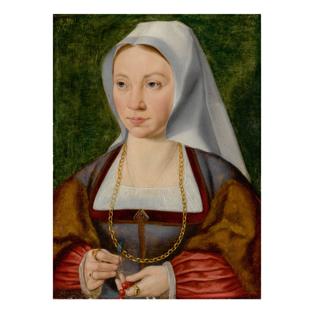 View full screen - View 1 of Lot 18. ATTRIBUTED TO JOOS VAN CLEVE | PORTRAIT OF A LADY HOLDING A ROSARY AND A FLOWER.