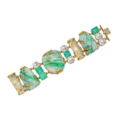 View full screen - View 1 of Lot 254. Jadeite, Emerald and Rock Crystal “Snuff Bottle” Bracelet.