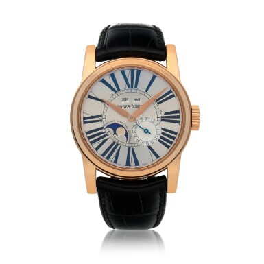 View full screen - View 1 of Lot 437. Window's Perpetual Calendar, Ref. H043 1439 5 Limited Edition pink gold perpetual calendar wirstwatch with moon phases and leap year indication Circa 2010 | 羅杰杜彼 H043 1439 5型號「Window's Perpetual Calendar」限量版粉紅金萬年曆腕錶備月相及閏年顯示,年份約2010.