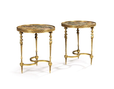 View full screen - View 1 of Lot 407. A pair of Louis XVI style gilt-bronze and marble gueridons, in the manner of Adam Weisweiler.