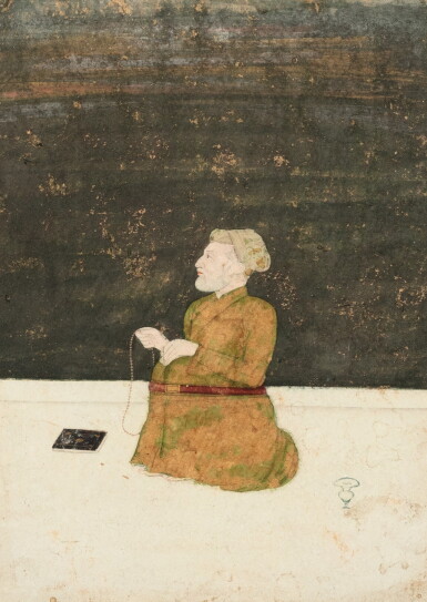 View full screen - View 1 of Lot 342. An album page: A seated dignitary holding a rosary, India, Mughal, 18th century .