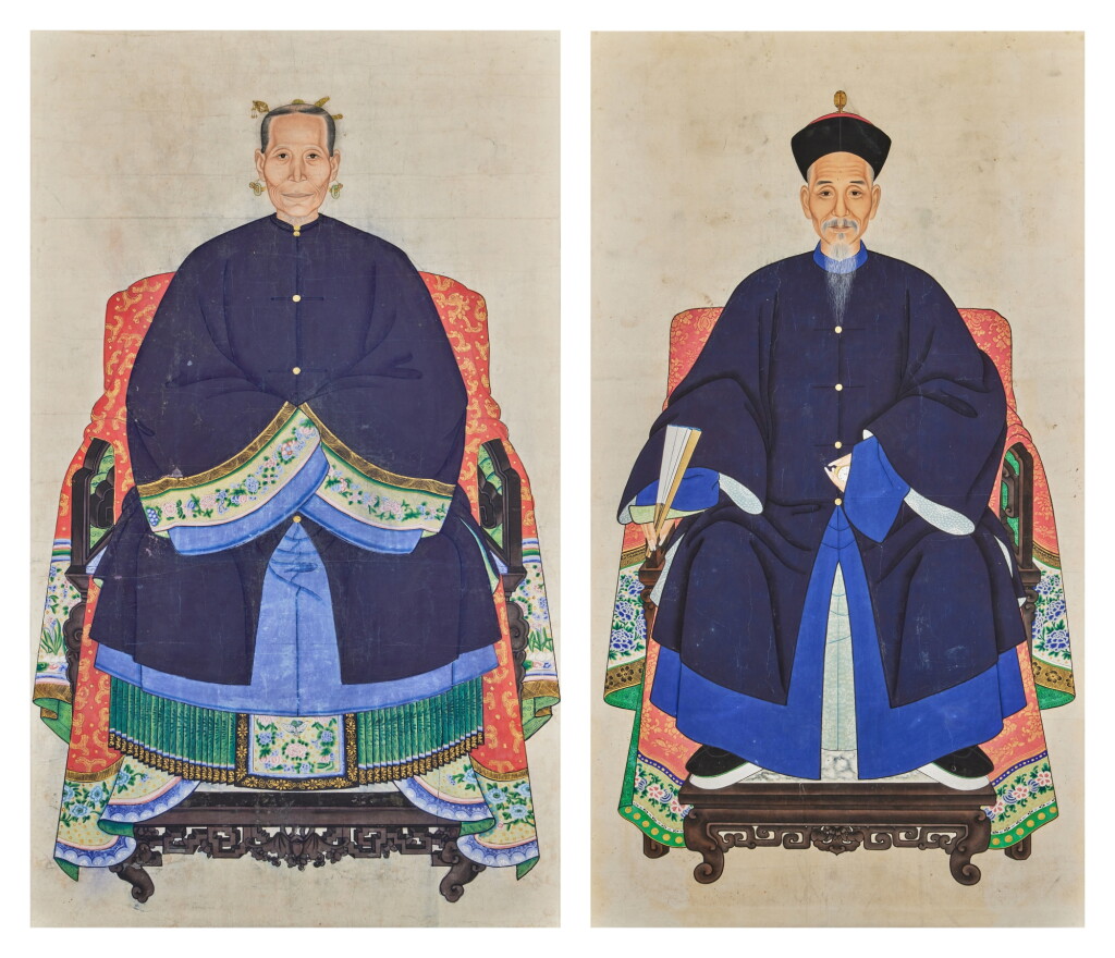 View full screen - View 1 of Lot 156. A pair of ancestor portraits, Late Qing dynasty.