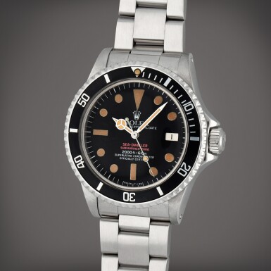 View full screen - View 1 of Lot 102. Sea-Dweller 'Double Red', Reference 1665 | A stainless steel wristwatch with date, helium escape valve and bracelet | Circa 1974 | 勞力士 | Sea-Dweller 'Double Red' 型號1665 | 精鋼鏈帶腕錶備日期顯示及排氦閥,製作年份約1974.