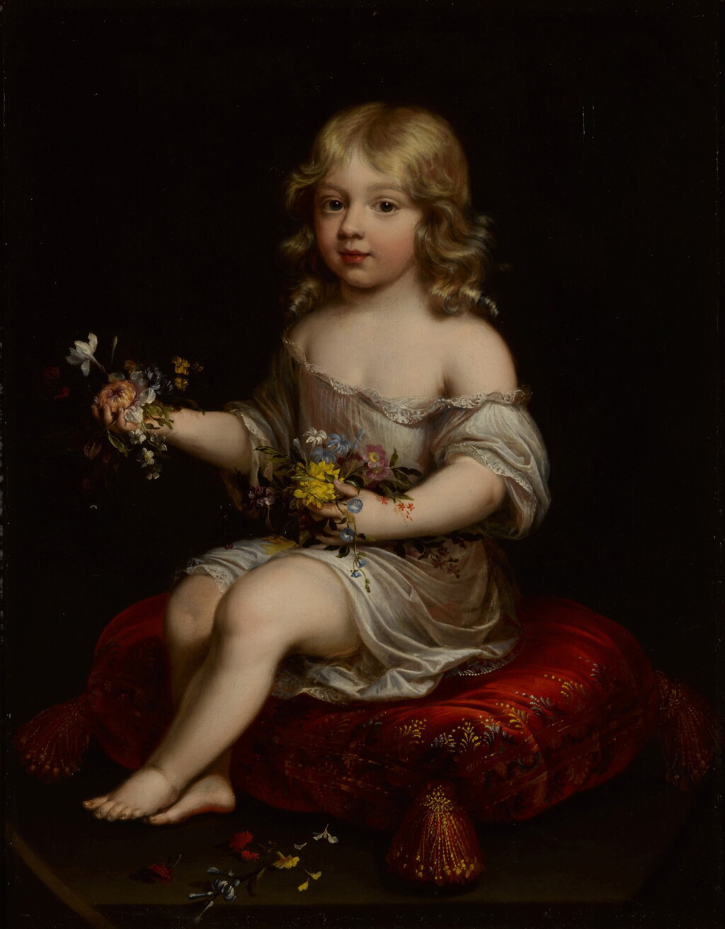 View full screen - View 1 of Lot 264. Portrait of a young boy seated on a cushion holding flowers.