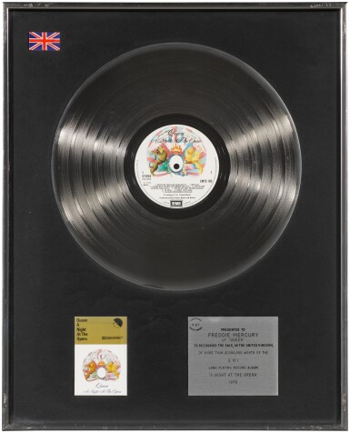 View full screen - View 1 of Lot 158. Queen – Freddie Mercury’s BPI sales award for A Night At The Opera, 1975.