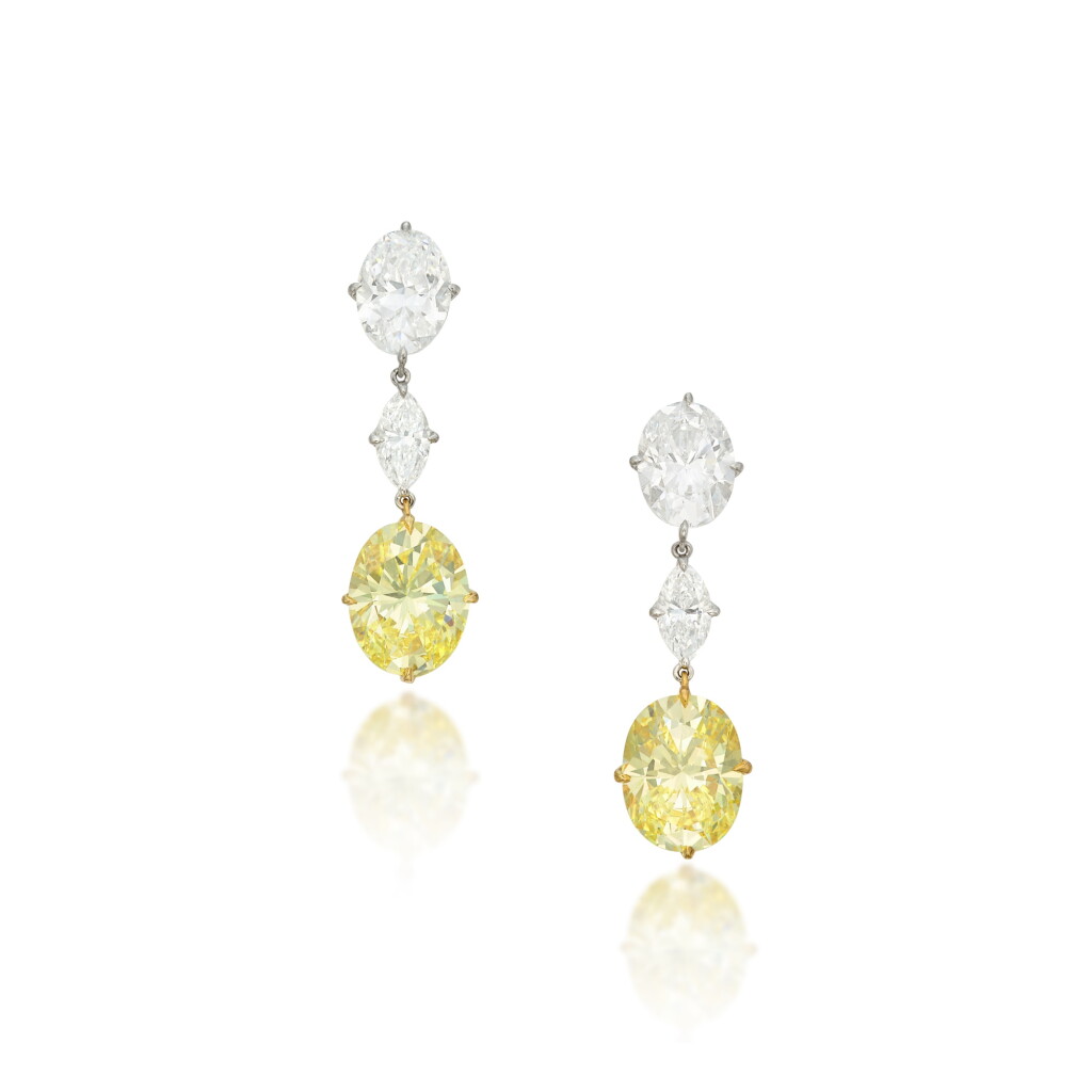 View full screen - View 1 of Lot 19. Pair of Fancy Intense Yellow Diamond and Diamond Earclips.