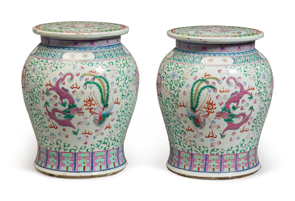 View full screen - View 1 of Lot 1155. A PAIR OF FAMILLE-ROSE 'DRAGON AND PHOENIX' GARDEN SEATS, EARLY 20TH CENTURY.