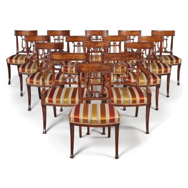 View full screen - View 1 of Lot 157. A Set of Fifteen Regency Mahogany Dining Chairs, comprising Thirteen Side Chairs and Two Armchairs, First Quarter 19th Century.