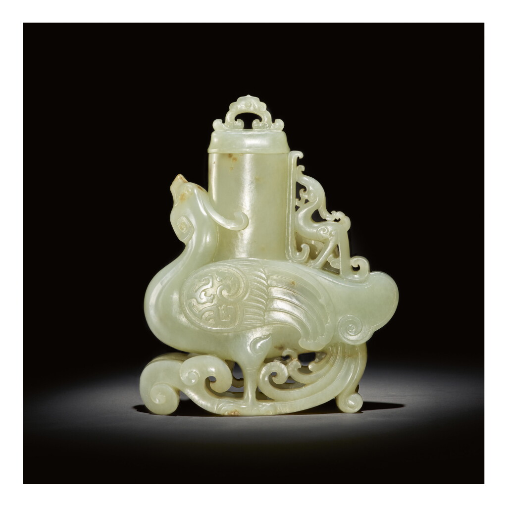 View full screen - View 1 of Lot 229. A PALE CELADON JADE 'PHOENIX' VASE AND COVER, QING DYNASTY, QIANLONG PERIOD.
