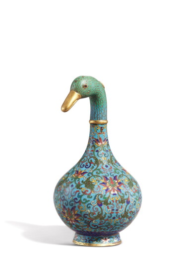 View full screen - View 1 of Lot 3674. A cloisonné enamel duck-head bottle vase, Qing dynasty, Qianlong period | 清乾隆 掐絲琺瑯鳧首壺.