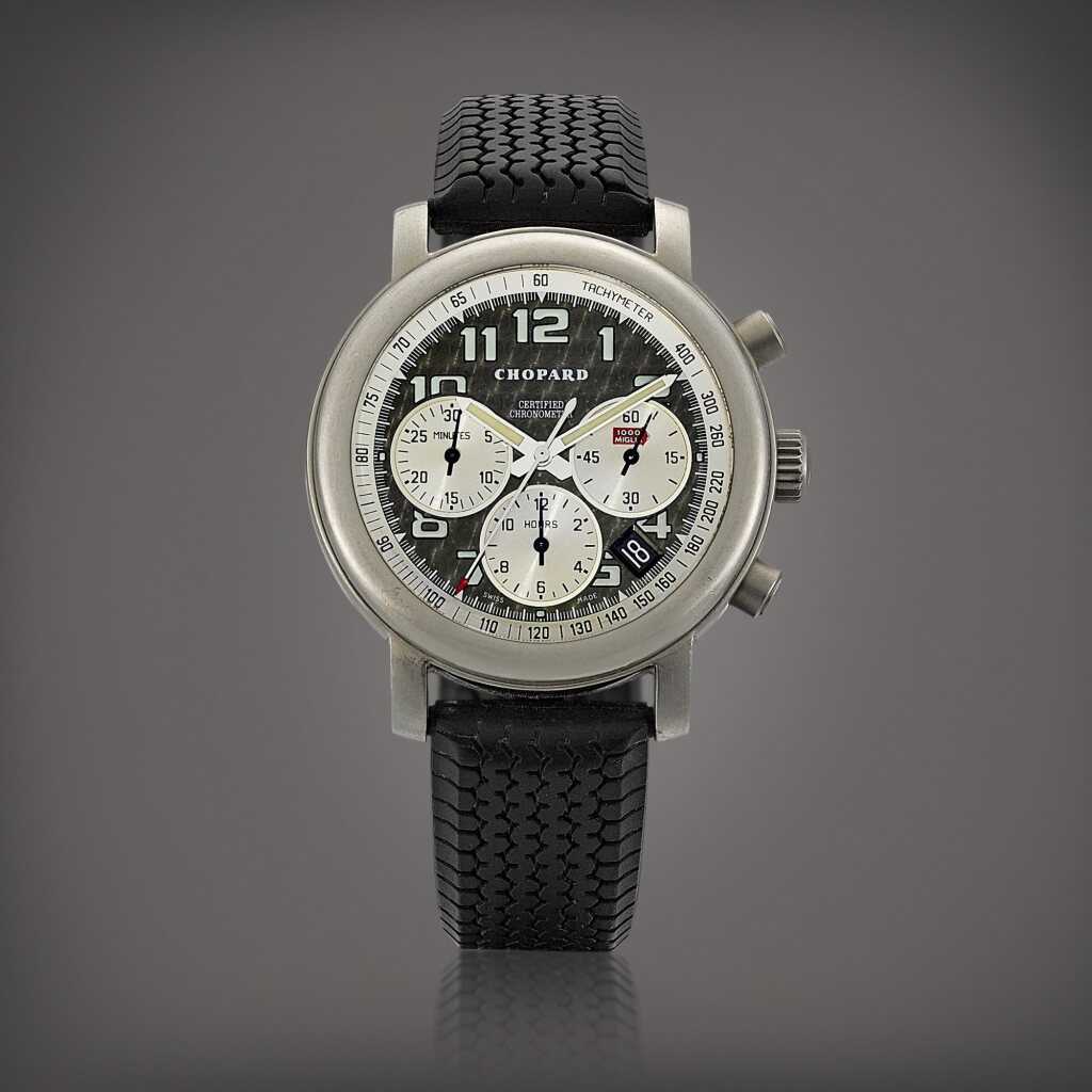 View full screen - View 1 of Lot 8843. Mille Miglia, Reference 8407 | A titanium chronograph wristwatch with date, Circa 2015 | 蕭邦 | Mille Miglia 型號8407 | 鈦金屬計時腕錶,備日期顯示,約2015年製.