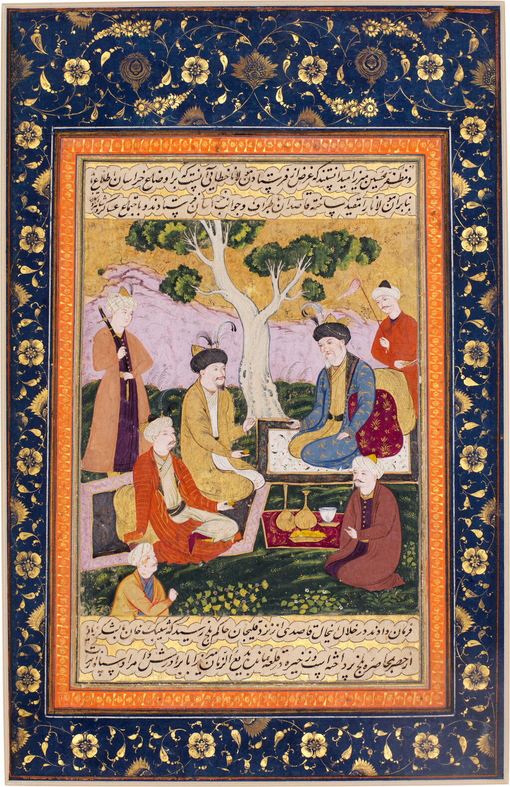 View full screen - View 1 of Lot 32. An illuminated and illustrated leaf from a manuscript of Tarikh-i Jahangusha-yi Khaqan Sahibqiran: Badi' al-Zaman Mirza and Muzaffar Husayn Mirza Receive Muqi Beg and Shuja Beg in Herat, following the death of their father, Sultan-Husayn Mirza, attributable to Mu'in Musavvir, Persia, Isfahan, Safavid, circa 1686-90 AD.