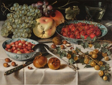 View full screen - View of Still Life with Assorted Fruit, Including Wild Strawberries and Cherries in Two Porcelain Bowls.