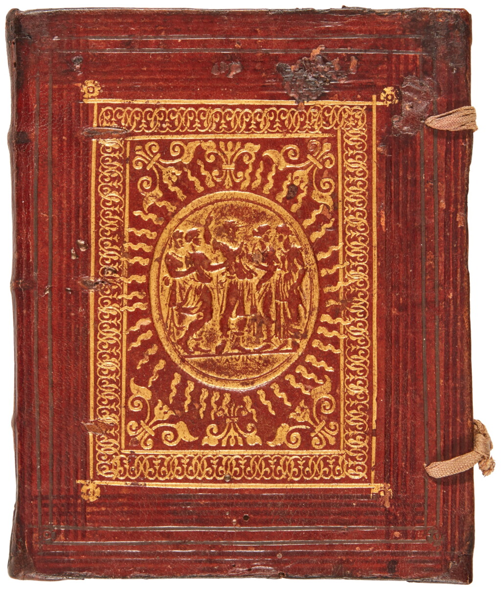 View full screen - View 1 of Lot 1731. Italian merchant's notebook, manuscript on paper, 1568-1596, Venetian russet morocco with plaquette by Valerio Belli.