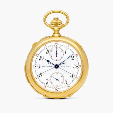 View full screen - View 1 of Lot 2435. A yellow gold minute repeating split seconds chronograph openface keyless lever watch with vertical 30-minute register and enamel dial, Circa 1915.