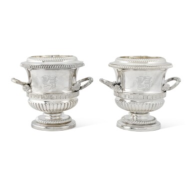 View full screen - View 1 of Lot 145. A pair of George III silver wine coolers, Smith, Tate & Co., Sheffield, 1815.