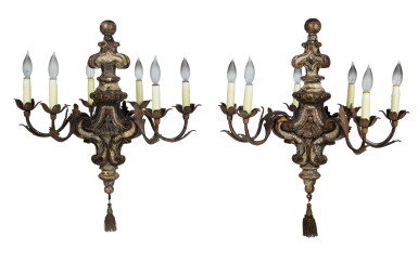 View full screen - View 1 of Lot 566. A Pair of Venetian Baroque Style Carved and Silvered Wood Six-Light Chandeliers, 19th Century .