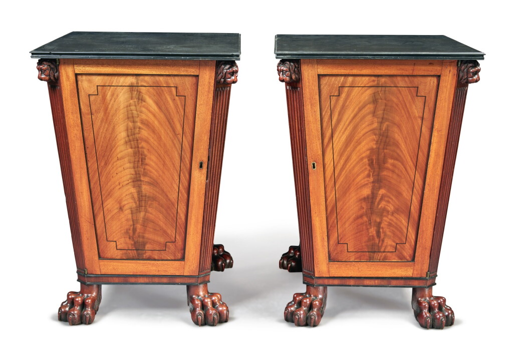 View full screen - View 1 of Lot 216. A PAIR OF REGENCY MAHOGANY PEDESTAL CABINETS, EARLY 19TH CENTURY.