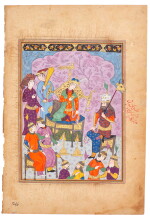 An illustrated and illuminated leaf from a manuscript of Firdausi's Shahnameh: The arrival of Rustam before Kay Khusrau, Persia, Qazwin, Safavid, last quarter 16th century