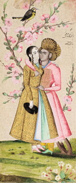 AN EMBRACING COUPLE, SIGNED 'SAHIB MUHAMMAD', PERSIA, LATE SAFAVID, DATED 1123 AH/1711 AD