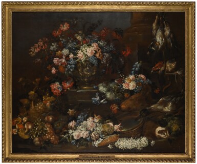 View full screen - View 1 of Lot 54. FELICE FORTUNATO BIGGI, CALLED 'FELICE DEI FIORI' | A still life of flowers in an urn on a ledge, surrounded by other flowers, fruit and vegetables, as well as a chicken, duck, guinea pig and game.
