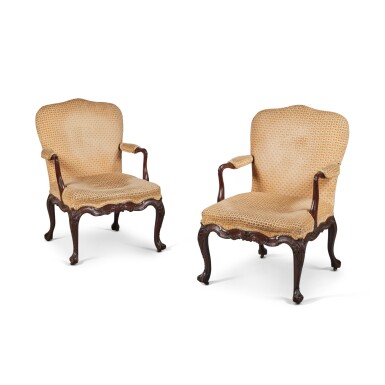 View full screen - View 1 of Lot 74. A Pair of George II Carved Mahogany Library Armchairs, Circa 1750.