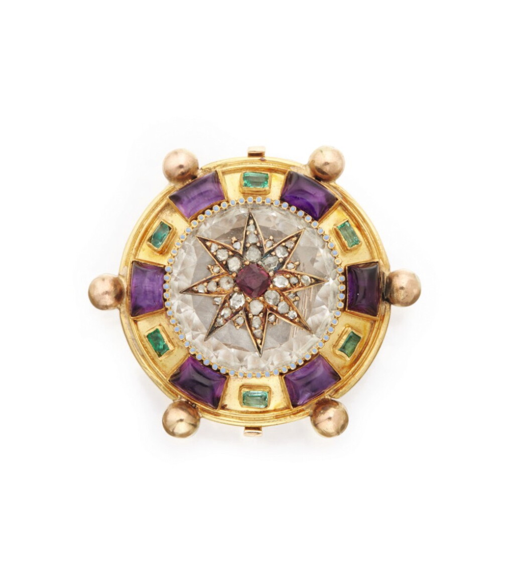 View full screen - View 1 of Lot 48. GOLD AND GEM-SET PENDANT-BROOCH.