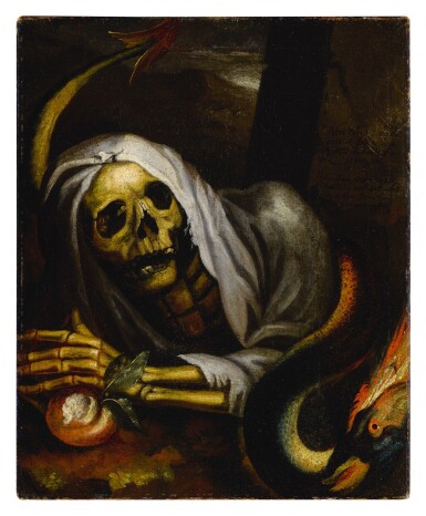 View full screen - View 1 of Lot 588. A memento mori with a skeleton, a snake, and an apple.