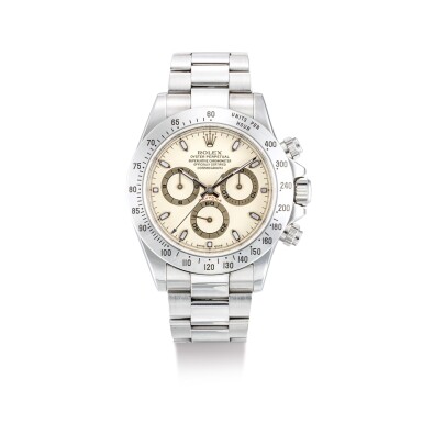 View full screen - View 1 of Lot 2019. ROLEX | COSMOGRAPH DAYTONA, REFERENCE 116520, A STAINLESS STEEL CHRONOGRAPH WRISTWATCH WITH CREAM DIAL AND BRACELET, CIRCA 2000 | 勞力士 | "Cosmograph Daytona 型號116520 精鋼計時鏈帶腕錶,備杏色錶盤,錶殼編號K735916,約2000年製".