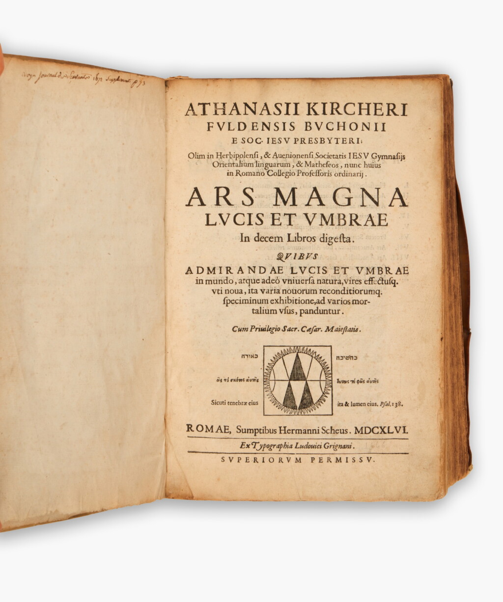 View full screen - View 1 of Lot 130. Kircher, Athanasius | First edition of Kircher’s celebrated treatise on light and shadow.