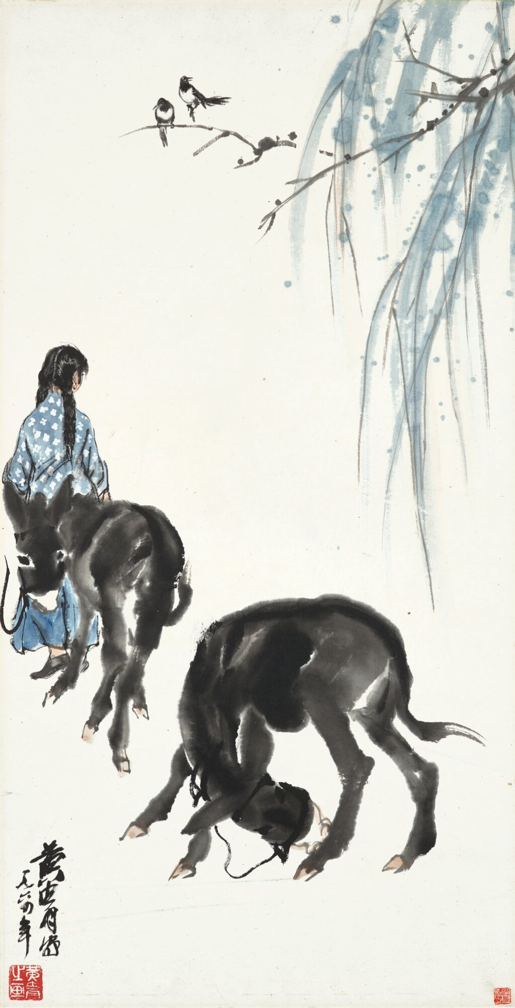 View full screen - View 1 of Lot 3188. 黃胄 少女與驢 | Huang Zhou, Donkeys and Girl.