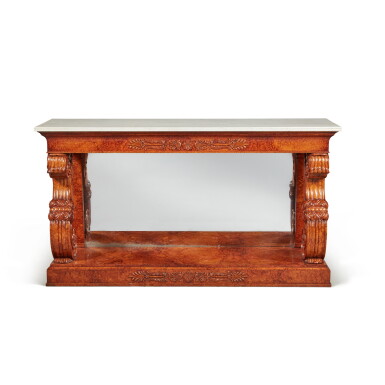 View full screen - View 1 of Lot 577. A Restauration Carved Burr Amboyna Console Table with a White Marble Top, Circa 1825.