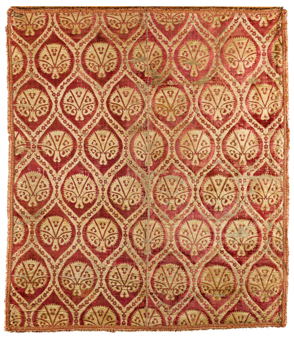 View full screen - View 1 of Lot 108. An Ottoman silk velvet and metal thread panel with stylised carnations, probably Bursa, Turkey, 17th century.
