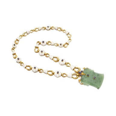 View full screen - View 1 of Lot 303. Nephrite, sapphire and enamel sautoir | David Webb|軟玉配藍寶石及琺瑯彩長項鏈.