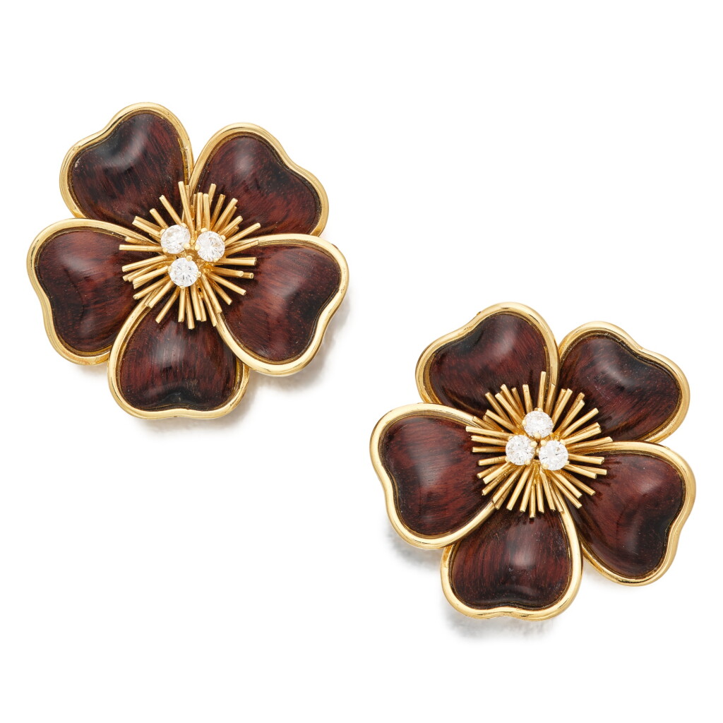 View full screen - View 1 of Lot 214. Pair of Gold, Wood and Diamond 'Clématite' Earclips, France.