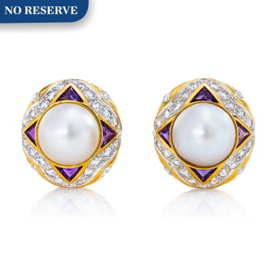 View full screen - View 1 of Lot 43. Pair of Mabé Pearl, Diamond and Amethyst Earclips.
