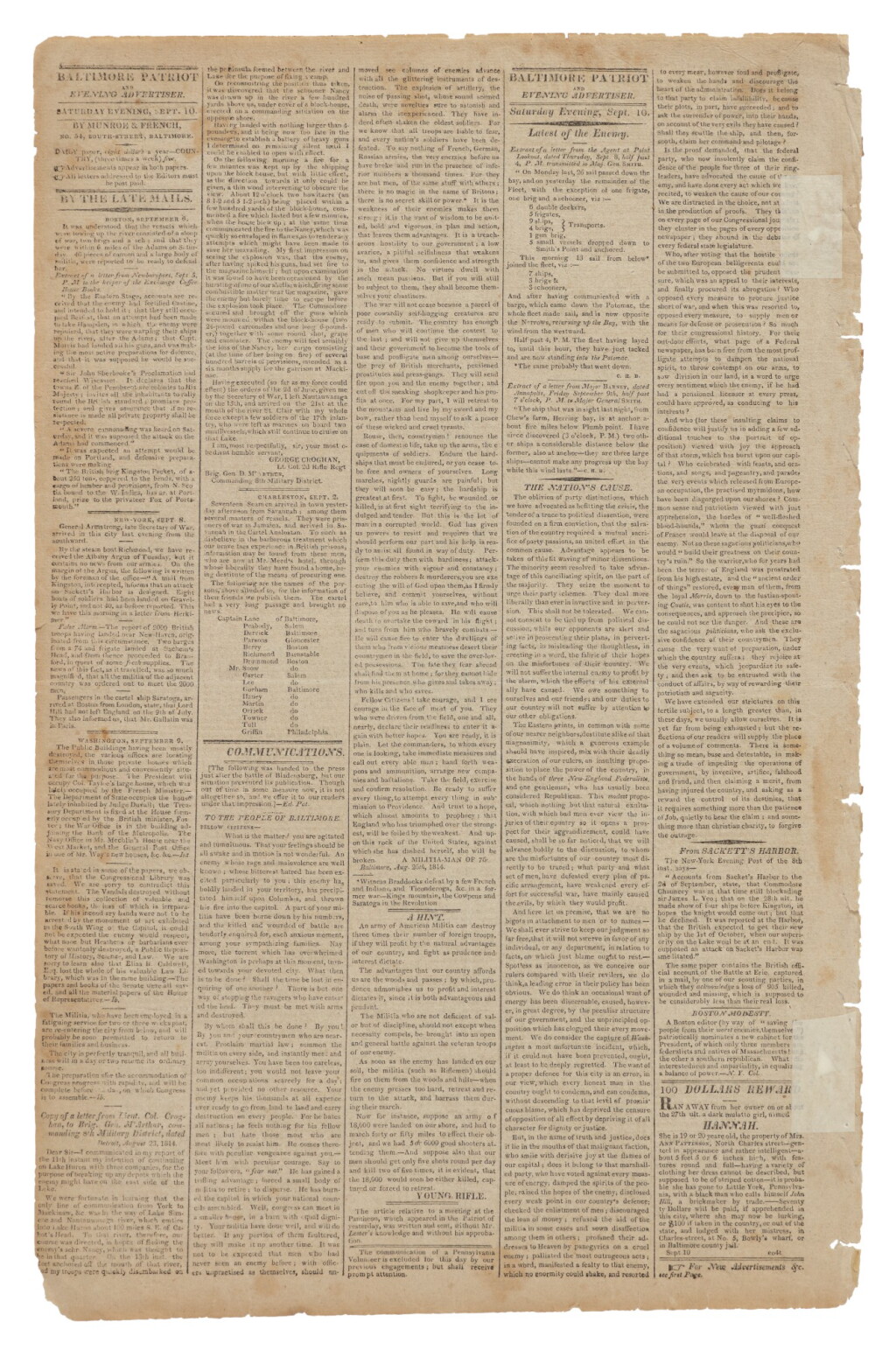 View full screen - View 1 of Lot 103. (WAR OF 1812) | Three 1814 Issues of the Baltimore Patriot and Evening Advertiser, Vol. IV, Nos. 51, 58, & 61. Baltimore: By Munroe & French, September 1, September 10, & September 22, 1814.