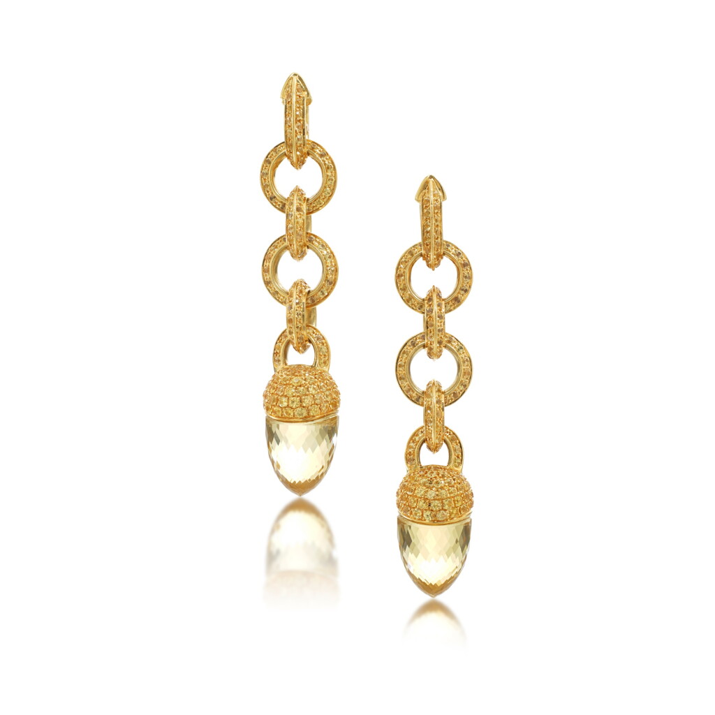 View full screen - View 1 of Lot 803. Pair of citrine and yellow sapphire pendent earrings, 'Ghiande'.