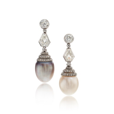 View full screen - View 1 of Lot 556. Attractive Pair of Natural Pearl and Diamond Pendent Earrings.