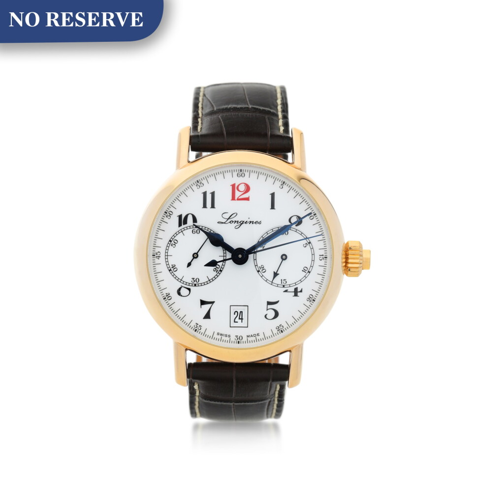 View full screen - View 1 of Lot 130. LONGINES | REFERENCE L27758 HERITAGE 180TH ANNIVERSARY A PINK GOLD AUTOMATIC MONO PUSHER CHRONOGRAPH WRISTWATCH WITH DATE, CIRCA 2012.