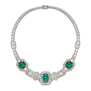 View full screen - View 1 of Lot 53. Emerald, Enamel and Diamond Necklace.