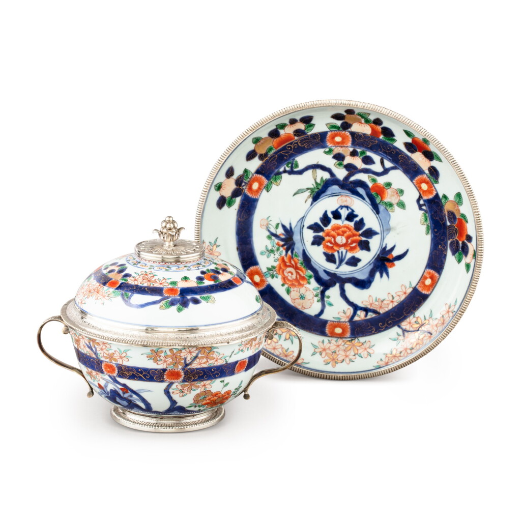 View full screen - View 1 of Lot 807. A French silver-mounted Imari porcelain bowl, cover and stand, the porcelain, Japan, circa 1700, the silver mounts, Paris, 1717-1722.