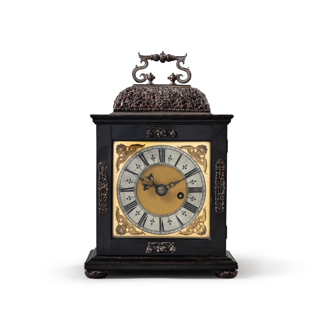 View full screen - View 1 of Lot 73. A William & Mary silver mounted ebony quarter repeating table timepiece, Samuel Watson, Coventry or London, circa 1690.