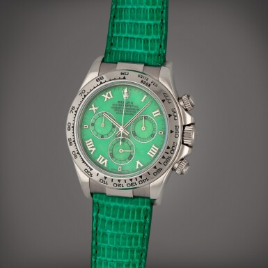 View full screen - View 1 of Lot 173. Daytona 'Beach', Reference 116519 | A white gold chronograph wristwatch with green chalcedony dial | Circa 2002.