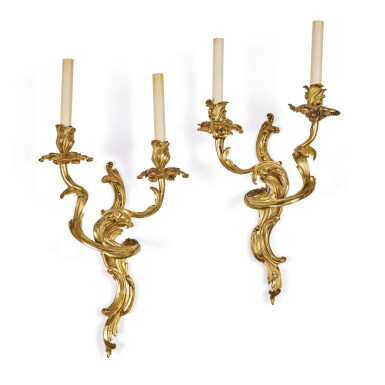 View full screen - View 1 of Lot 347. A Matched Pair of Louis XV Style Gilt-Bronze Two-Branch Wall-Lights, 19th Century.