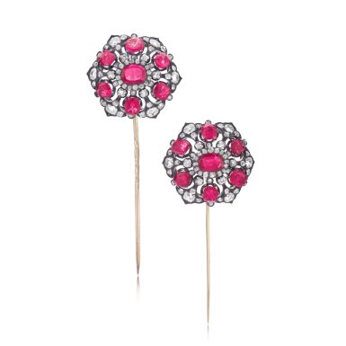 View full screen - View 1 of Lot 1067. Pair of ruby and diamond stick pins, 1890s.